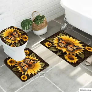 1/3Pcs Artistic Sunflowers Butterfly Bathroom Mat Set, Flannel Non Slip Bath Rug, Toilet U-Shape Mat, Toilet Lid Cover, Thickened Soft Absorb Water, Microfiber Surface Memory Foam Cushion, Home Bathroom Holiday D