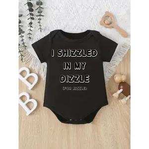 Cute Baby Bodysuit With I Shizzled In My Dizzle For Rizzle Funny Text Print Soft Versatile Round Neck Button Detail Regular Fit All Seasons Knitted Fabric Onesie For 0-12 Months