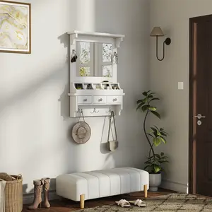 LIVITOPIA 23.75'' Floating Makeup Vanity Coat Racks With Big Mirror,Wall-Mounted Storage Vanity With Drawers,Pockets & Hooks,Space-Saving Decorative Home Organizer for Small Space,Suitable For Living Room Bedroom Foyer Porch(White)