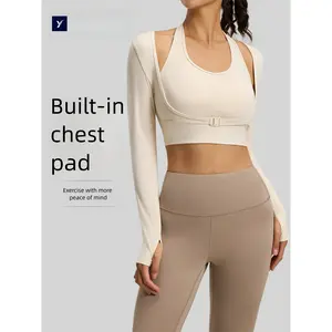 Yogabloss halter neck bra-free yoga top, faux two-piece sports top for outerwear, fitness top, strapless crop top and adjustable buckle sports T-shirt