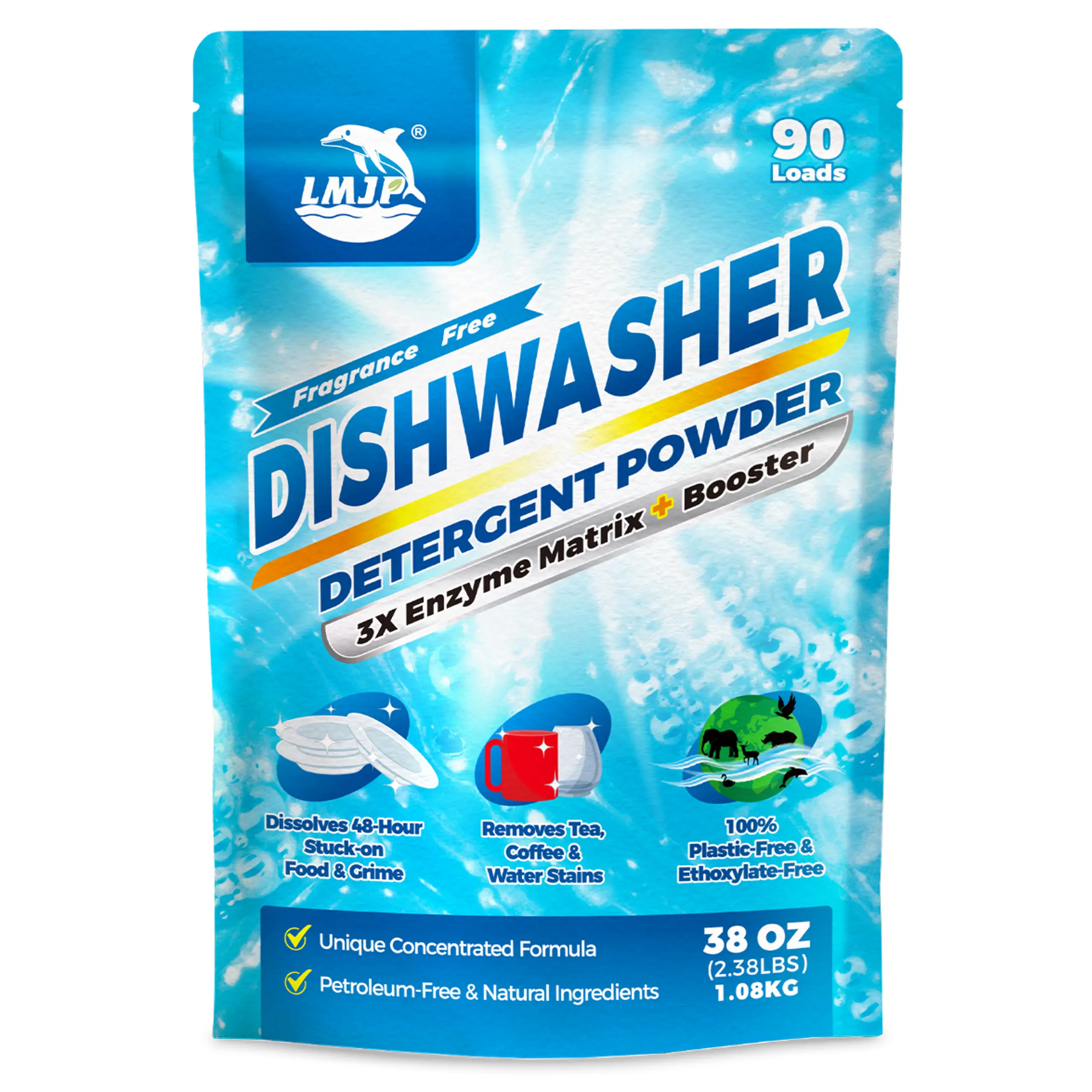 Dishwasher Detergent Powder + Booster, 90 Loads | Plastic-Free, Eco-Friendly Dishwasher Soap – Pods Alternative, Concentrated Plant-Based Enzymes – Cuts Grease & Grime, No Water Spots (Fragrance-Free)