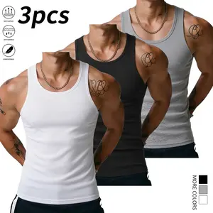 3-piece set Men’s Sleeveless Shirts – Solid Color Sleeveless Tops, Medium Stretch Fabric, Suitable for Home and Casual Wear, Spring/Summer, Machine Washable, Menswear,summervibes