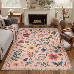 【Summervibes】GENIMO Washable Rugs for Living Room Non Slip Low Pile Lightweight Area Rugs, Floral Butterfly Print Pattern Indoor Rugs for Bedroom Dining Room Home Office, Dusty Blush