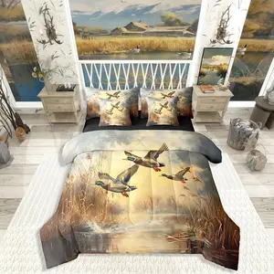 Wild Ducks Bed in A Bag Mallard Duck Hunting Bedding Set for Kids Teens Adult Waterside Country Rustic Comforter Set with Bed Sheets Boys Baby Forest Woodland Sheets with Quilt