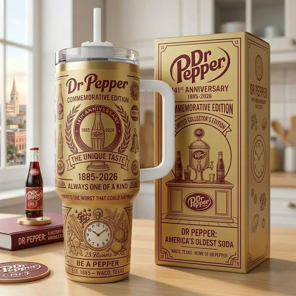 [Otaku Sip] Limited Luxury Gold Dr Pepper Commemorative Edition 40oz Tumbler With Handle - 141st Anniversary 1885-2026 Stainless Steel Travel Mug, America's Oldest Soda Gift