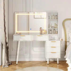 48″ Makeup Vanity Desk with Fluted Design/ 36″ Oversized Lighted Mirror, Glass Top Vanity Table with Charging Station, 5 Drawers & 3‑Tier Storage Shelves for Bedroom
