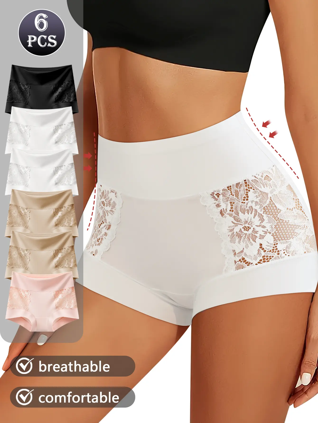 QUASTI 6-Piece Women's High-Waisted Soft Lace Panties, Sexy Tummy Control & Hip Lifting Shaping Underwear, Breathable Fabric, Sizes S-XXL, Panty