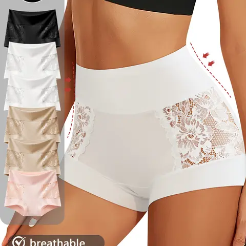 QUASTI 6-Piece High-Waisted Elegant Breathable Lace Women's Panties, Lace Trim, Tummy Control and Hip Lifting, High Elasticity and Soft Fabric, Silky Smooth Skin-Friendly Womenswear, Sizes S-XXL