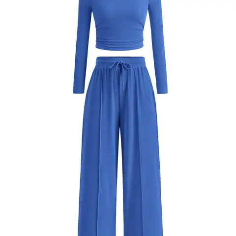 USBOUTIQUE CHIC 2-Piece Ribbed Knit Long Sleeve Crop Top Wide Leg Pants Matching Lounge Set Loungewear