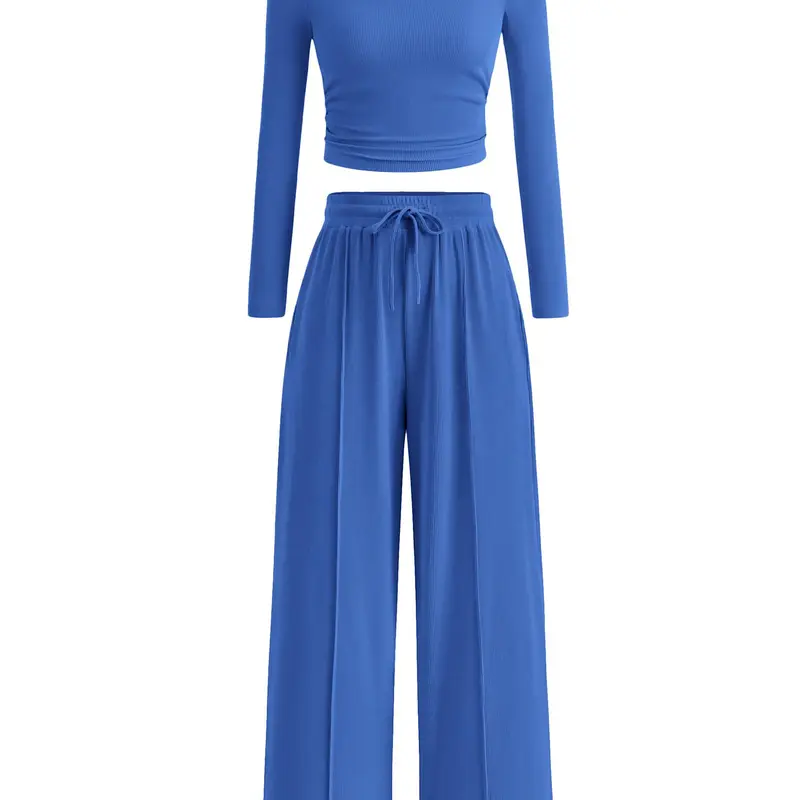 USBOUTIQUE CHIC 2-Piece Ribbed Knit Long Sleeve Crop Top Wide Leg Pants Matching Lounge Set Loungewear