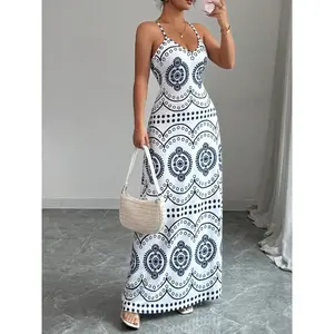 Women’s casual vacation maxi dress, slim fit V-neck geometric print, elegant summer fashion, perfect for travel and relaxation GARMENTARY