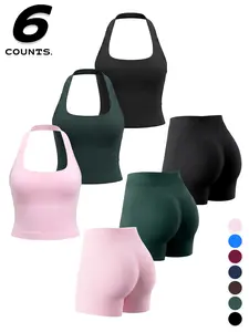 Women's Summer Halter Top and Shorts Set, High Waist Butt Lifting, Body Shaping, Casual, Sports, Outdoor Vacation Wear, 6-Piece Set