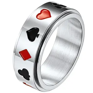OIDEA Stainless Steel Fidget Ring - Silver Rotating Statement Band for Stress Relief, Kinetic Heart & Spade Playing Card Design for Men Women, Heart Rings