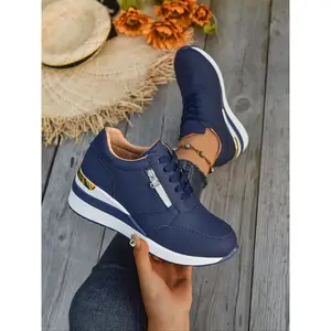 Women’s Thick-Soled Sports Shoes, Lace-Up & Side Zipper Design, Sporty Style, Comfortable Walking Shoes, Plus Sizes Available, Stylish Walking Shoes