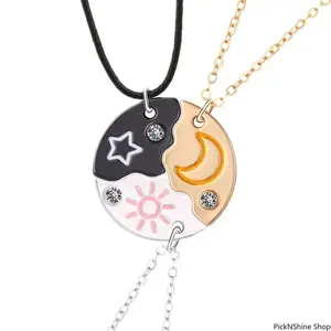 Stylish Unisex Wear Friendship Necklaces Set - 3-Piece Basic Round Rhinestone Star-Moon-Sun Pendants, BFF Jewelry for Unbreakable Bond, Fashion Accessories Set