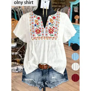 Women's Bohemian Ethnic Embroidery Blouse Shirt, Mexican Folklore & Vacation Casual Style, Lightweight Breathable Fabric, Summer Wear