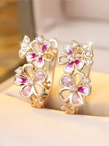 1 Pair Elegant Pink Synthetic Zirconia Oil-drop Petal Design Champagne Golden Plated Drop Earrings – Luxurious Mother’s Day Gift Perfect for Special Occasions, Everyday Wear and Gifting, Suitable for All Seasons