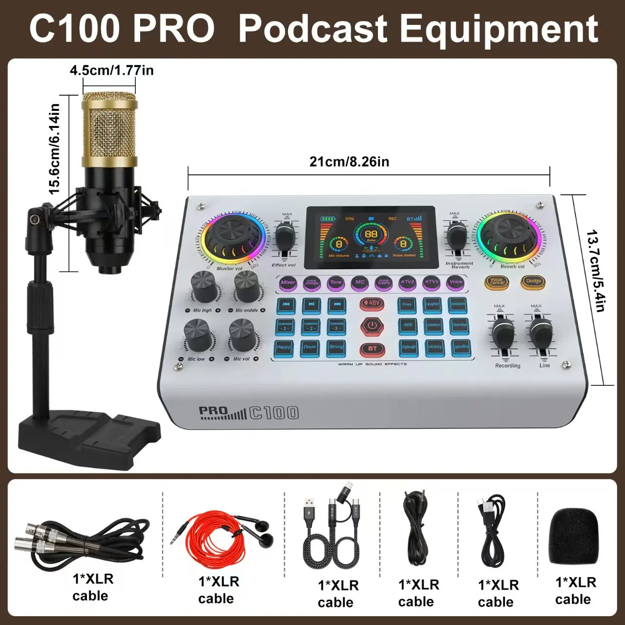 C100PRO Live Audio Mixer & Amplifier - 48V Digital Sound Card with Dual DSP Chips, High Sampling Rate, 3 Custom Effects, Follow-Singing Function, Instrument Reverb, Digital Display, Noise Reduction, RGB Lights, Audio Equipment, Micro SD Card