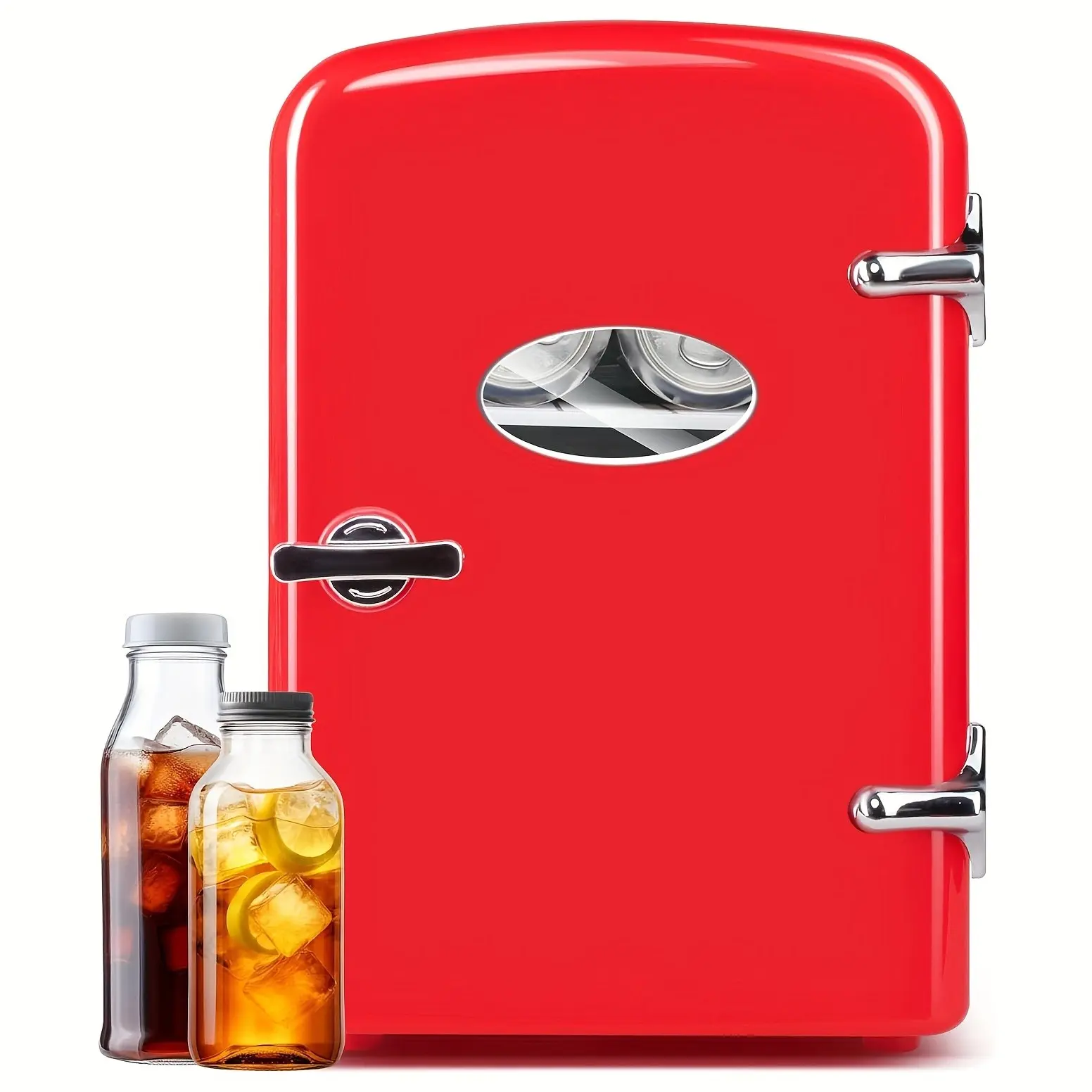 Red Mini Observation 6 Can Compact Cooler & Warmer Freon-Free Small Refrigerator, Portable Fridge For Skincare, 1.06gal With Window, Aesthetic Mini Fridge With Stickers, Unique Gift For Friends, For Thanksgiving Day, Christmas And New Year
