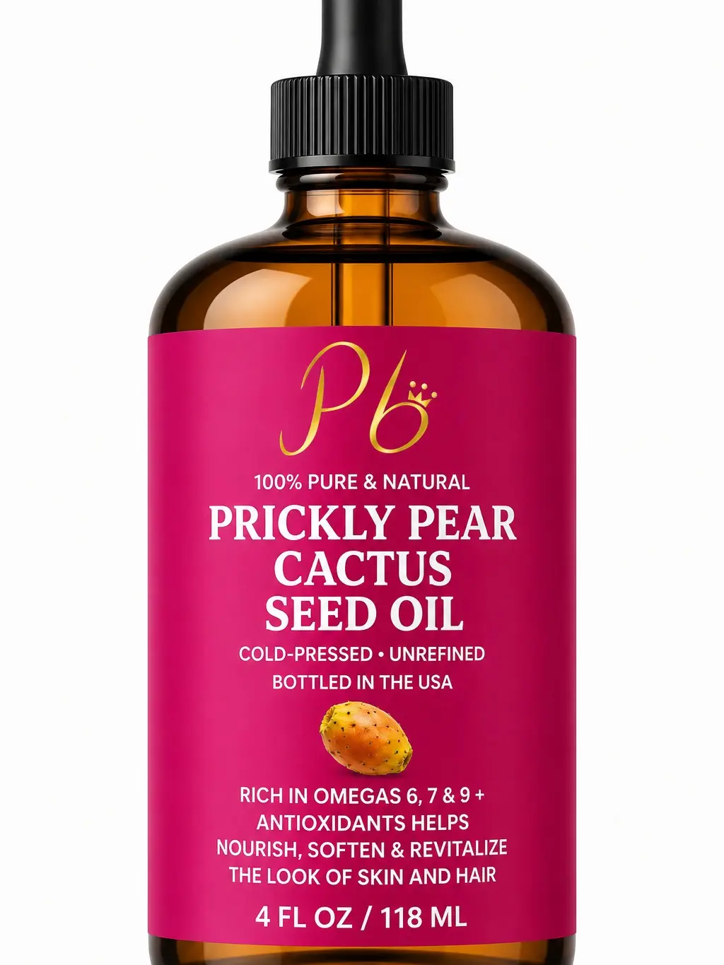 Prickly Pear Seed Oil | 100% Pure, Cold-Pressed & Unrefined, Prickly Pear Oil for Face, Skin & Hair, Helps Improve the Look of Fine Lines & Wrinkles | 4 fl oz Glass Bottle