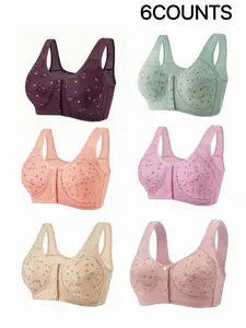 6-Pack Lightweight Floral Wireless Bras, Comfortable & Breathable, Push-Up Full Coverage, Front Buckle Design, All Seasons Wear
