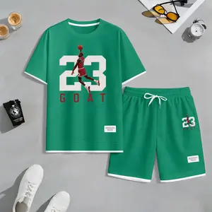 Men's 23-Print 2-Piece Basketball Drawstring Shorts Set - Short-Sleeved Shirt Included, Spring/Summer Casual Wear, Suitable for Everyday Use & Sports, Relaxed Energetic Lifestyle Outfit