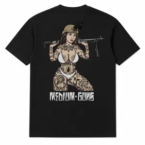 Medium Guns Tactical Pin Up T Shirt For Men, Military Pinup Girl Graphic Tee With Modern Firearms And Tattoo Art, Combat Streetwear Shirt For Gun Culture Fans, Shooter Lifestyle Apparel And Bold Gift IdeaOversizedTee UnisexTshirt
