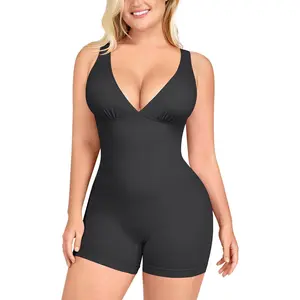 SHAPELLX Jumpsuits for Women Tummy Control Workout Romper One Piece Gym Outfits Sexy V Neck Sleeveless Short Bodysuit