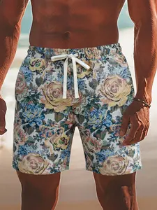 Men's Vacation Casual Style Clothing, Fabric Vintage Luxury Aesthetics Multicolor Tropical Floral Drawstring Casual Loose Shorts, Perfect for Beach Holidays & Music Festivals