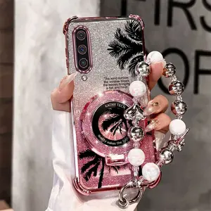 Elegant PC Simple Elegant Wrist Strap Lanyard Phone Case Cover Compatible to Models Samsung Galaxy A50 A50s A20S Bling Bling Glitter Coconut Tree