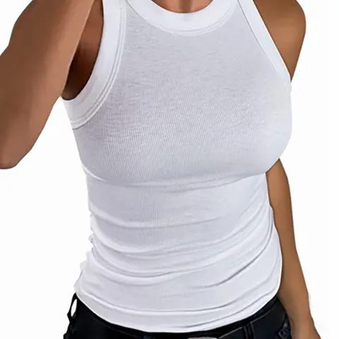 Womens Ladies Ribbed Thick Strap Low Cut Tight Slim Fitted Sporty Workout Tank Tops