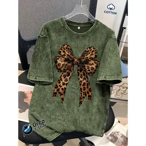 Orca Brand Menswear Cotton Round Neck Short-Sleeve Top - 230G 100% Pure Washed Fabric Black Leopard-Print T-Shirt, Ideal for Casual Wear, Vacations