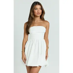 Shaima Mini Dress - Strapless Bubble Hem Dress in White