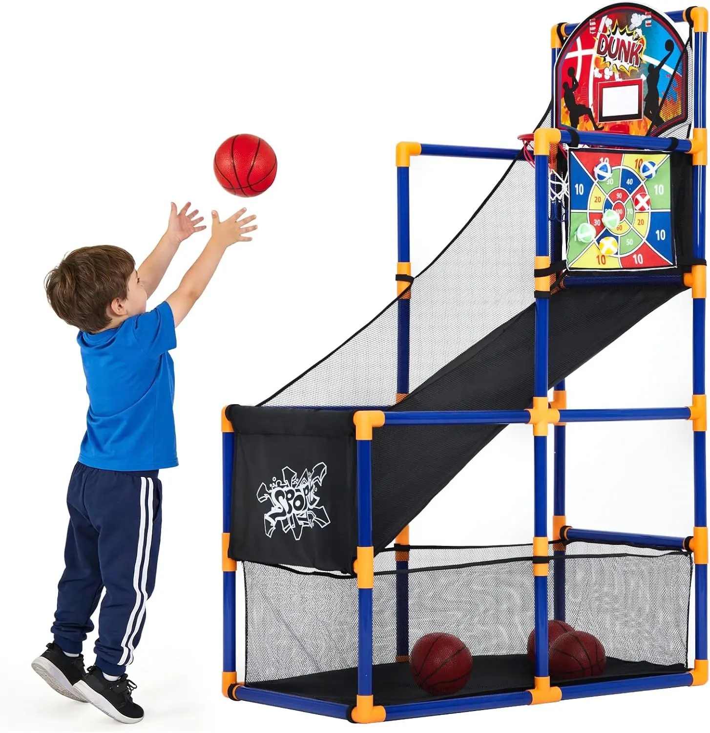 Summervibes Flash sale toy items 2-in-1 Kids Basketball Arcade Game Set with 4 Balls & 6 Sticky Toss Balls – Indoor & Outdoor Basketball Hoop and Dart Game, Height Adjustable Sports Toy with Ball Return Ramp for Boys & Girls Ages 3+ Mini Electronic