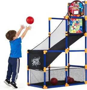 2-in-1 Kids Basketball Arcade Game Set with 4 Balls & 6 Sticky Toss Balls – Indoor & Outdoor Basketball Hoop and Dart Game, Height Adjustable Sports Toy with Ball Return Ramp for Boys & Girls Ages 3+ Mini Electronic