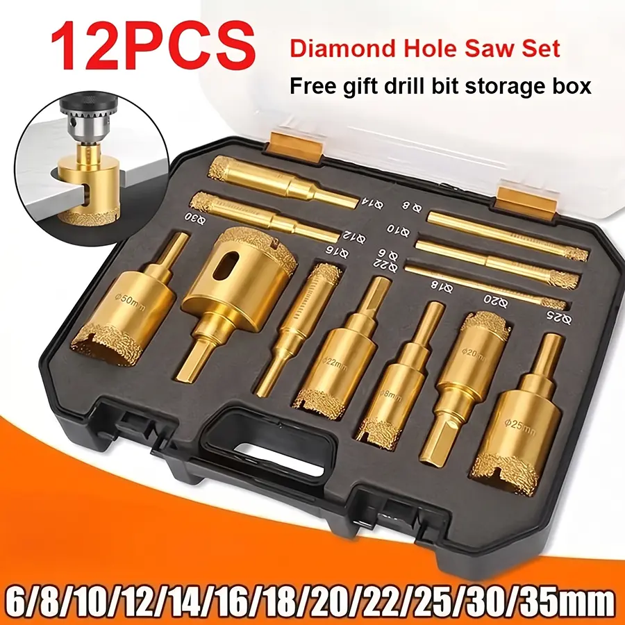 BOURVILL-12pcs Diamond Drill Bit Set for Glass,6-35mm Hole Saw Kit with Hand Tools,Heavy-duty Round-hole Leather Punching Tool Set, Dry Drill Tile Hole Opener Drill Bit
