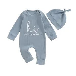 Hi I'm New Here Newborn Outfit Baby Boy Girl Romper Long Sleeve Bodysuit Jumpsuit Gender Neutral Baby  Letter Print Baby Onesie Infant Clothes Set with Hat