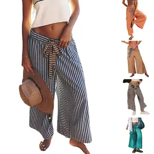 Molitree Women's Drawstring Striped Pants Loose Wide Leg Lounge Pants Casual Trousers with Pocket Beachwear Streetwear