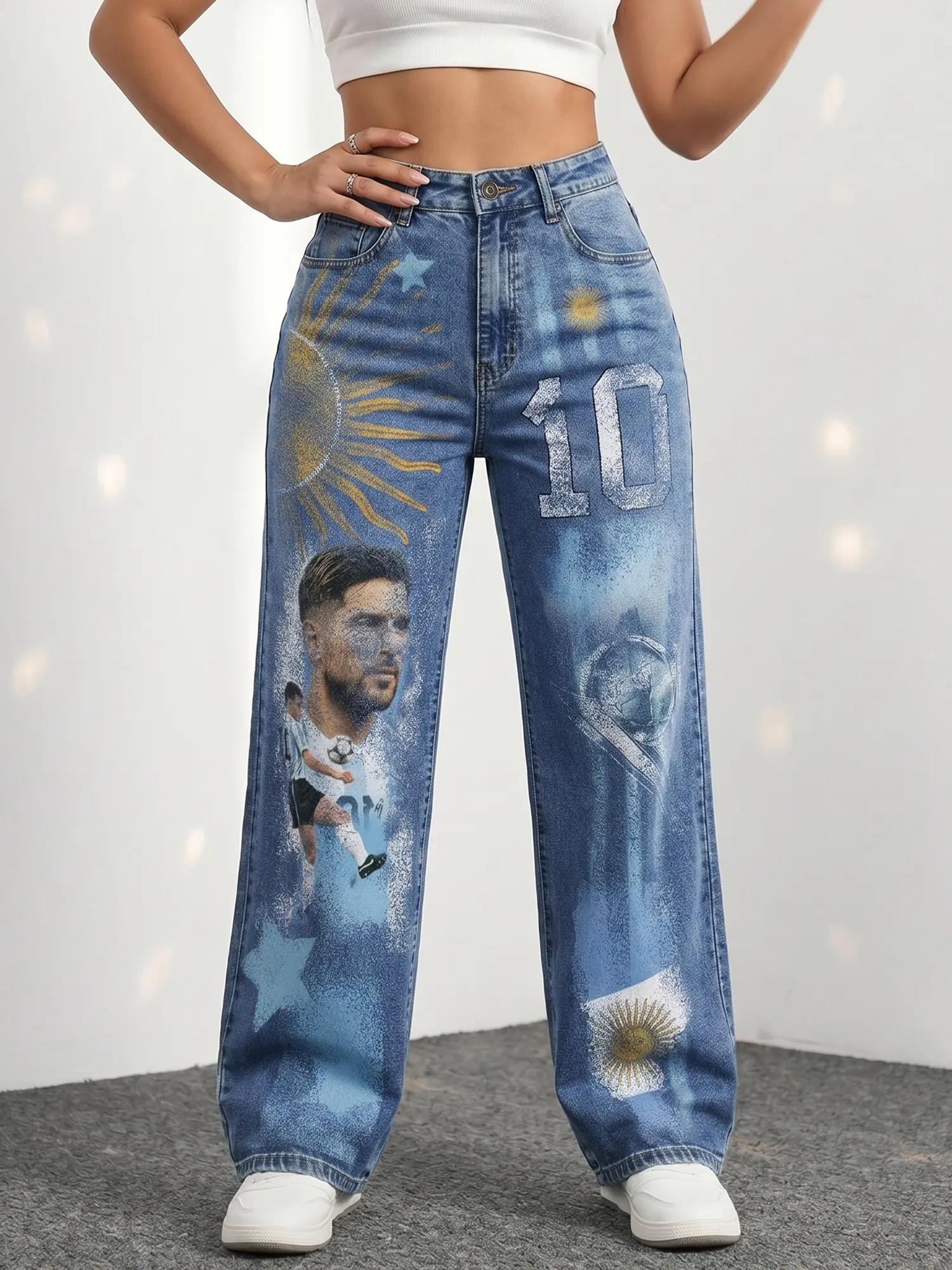 Women's High Waist Wide Leg High Stretch Light Wash Denim Jeans - 2000s Era, Semi Baggy, Breathable, Button Bottom, Football Graphic, Zipper, Seam Pocket Streetwear for Summer Everyday Outdoor & Valentine's Day Wear