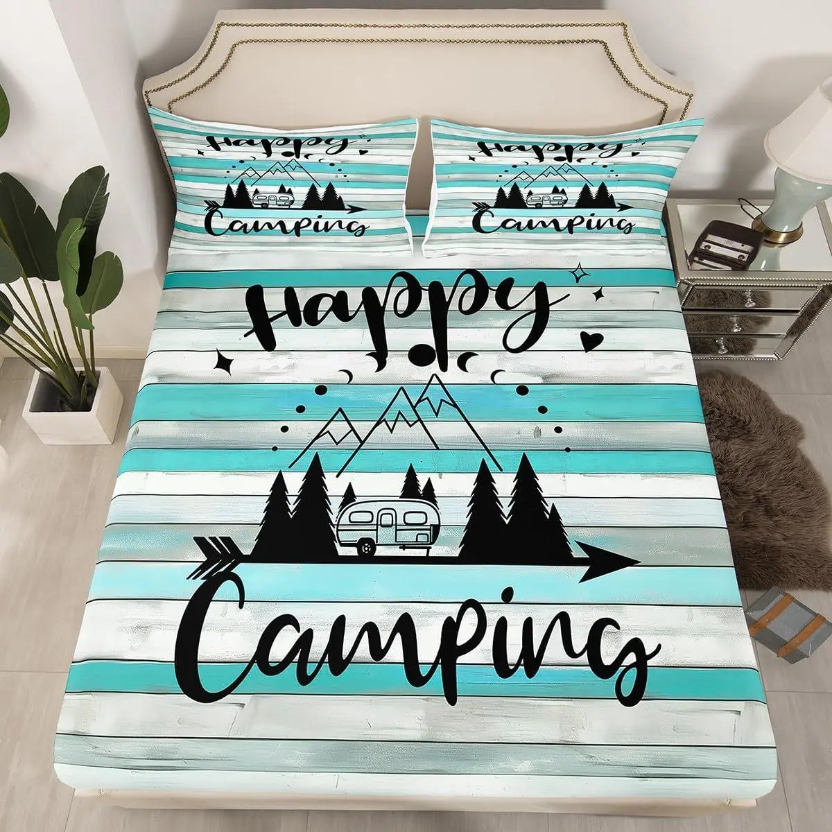 Camper Fitted Sheet,Happy Camping Bedding Set,Rustic Farmhouse Bed Sheets for Kids Boys Teens Adult,Country Sketch Drawing Bedding Decor Set with (No Top Sheet)