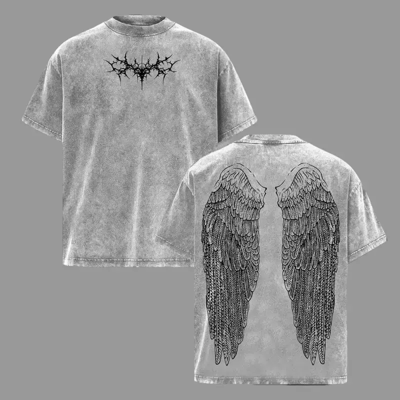 Vintage Acid Washed Oversized Double Sided Print T , Front Thorn Cross Pattern Back Big Angel Wing Line Graphic Loose Drop Shoulder Unisex Heavy Cotton Short Sleeve Top, Gothic Grunge Y2K Streetwear Casual Basic Tee Perfect Daily   heavyweight t-shirt