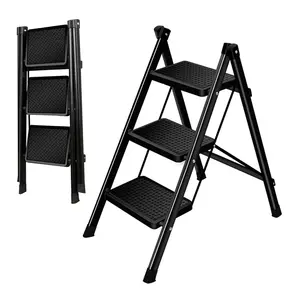 Step Ladder 3 Step Folding, Sturdy 330 Lbs Small Step Stool for Adults, Safer Full Steel Multi-use Kitchen Ladder for Home, Closet Step Stool Ladder with Anti-Slip Wide Pedals, Black
