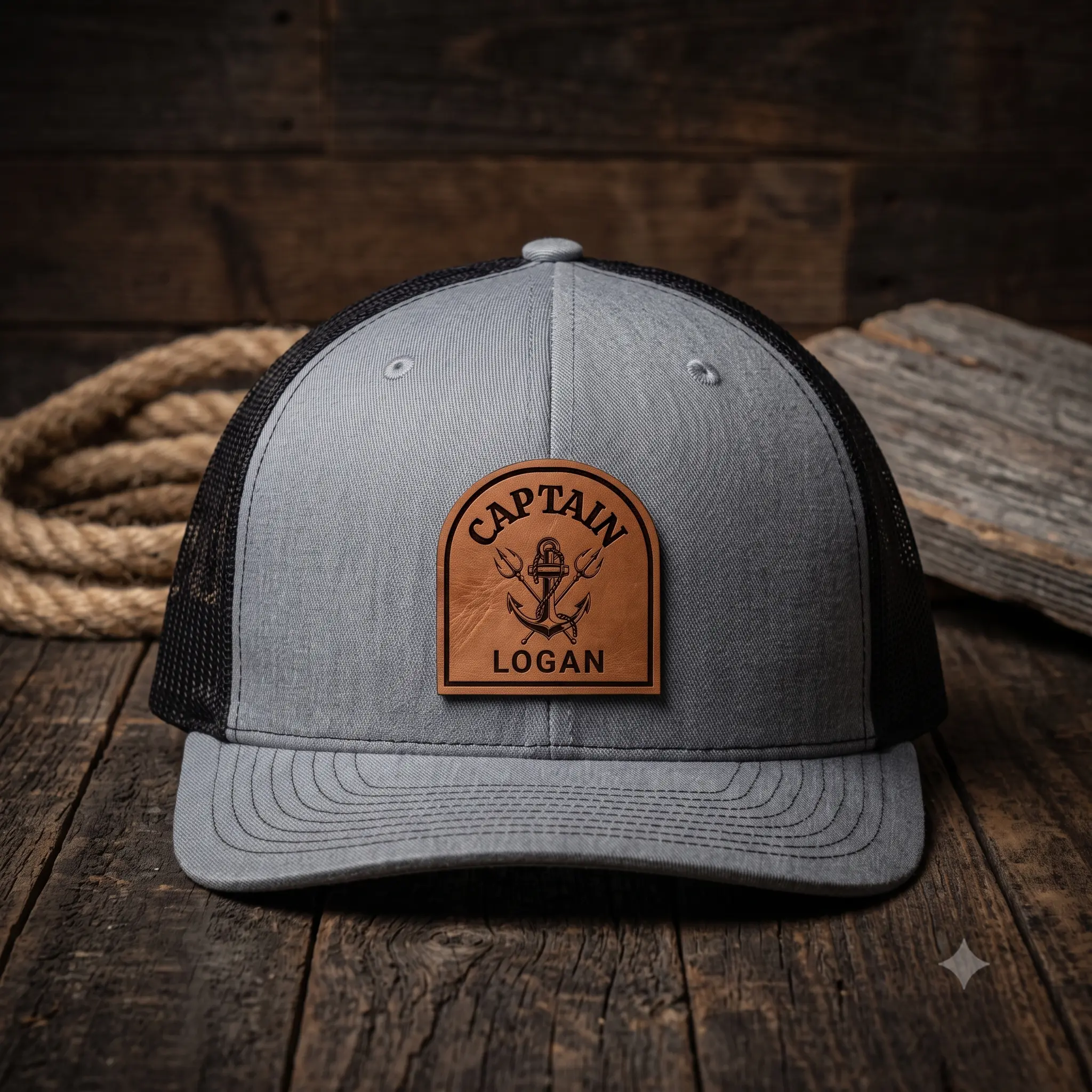 Personalized Captain Leather Patch Trucker Hat – Custom Name Boating Hat – 6 Panel Snapback Cap – Nautical Gift for Boat Owners & Lake Lovers