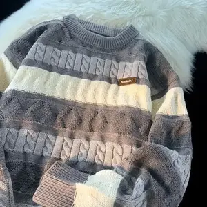 Men Japanese Vintage Autumn Winter Trendy Idle Style Twist Color Blocking Stripe Knitted Sweater Couple Cashmere Blend Top Soft Warm Comfortable Wear