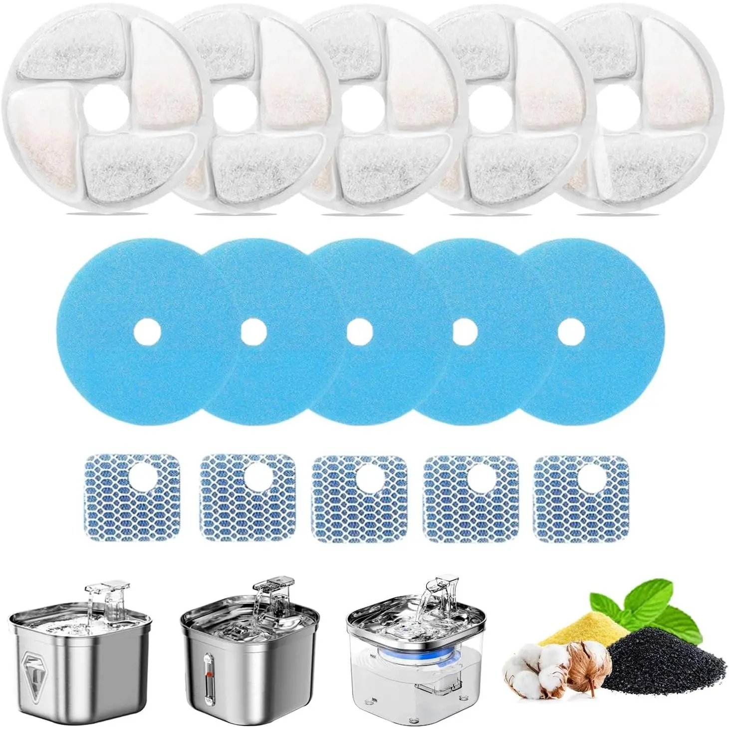 Water Fountain Filter, Fountain Filters Replacement for Square 2.2L/73oz Stainless Steel Pet Water Fountain,5 Pack Pet Fountain Filter Replacement