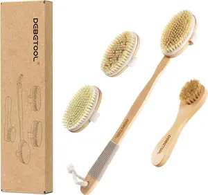 Dry Brushing Set - Natural Boar Bristle Body & Face Brush, Wooden Long Handle Scrub Brush for Cellulite & Lymphatic Drainage, Detachable, 3 Brush Heads