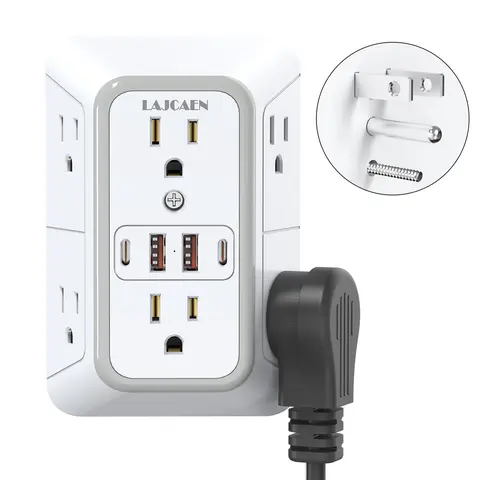 JcBlaon 3-Sided Wall Charger Surge Protector - Desk-Mounted Plugs with 6 AC Outlets, 2 USB-A & 2 USB-C Fast Charge Ports (5V/2.4A Max), Flat Adapter Plugs for Bedroom, Office