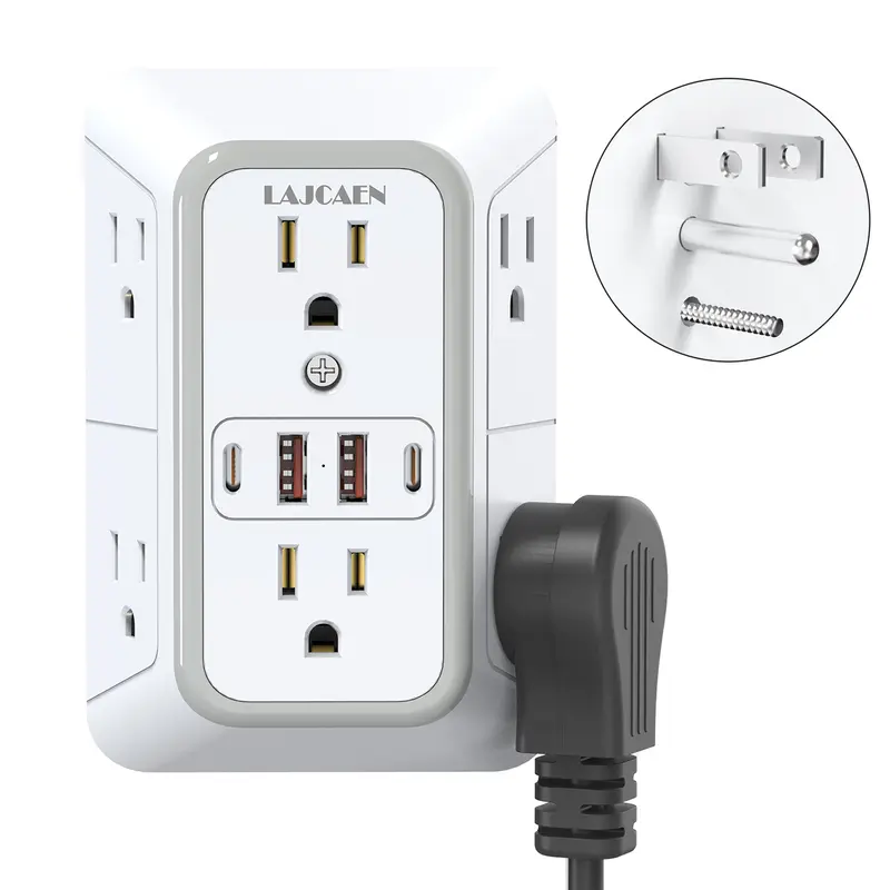 JcBlaon 3-Sided Wall Charger Surge Protector - Desk-Mounted Plugs with 6 AC Outlets, 2 USB-A & 2 USB-C Fast Charge Ports (5V/2.4A Max), Flat Adapter Plugs for Bedroom, Office