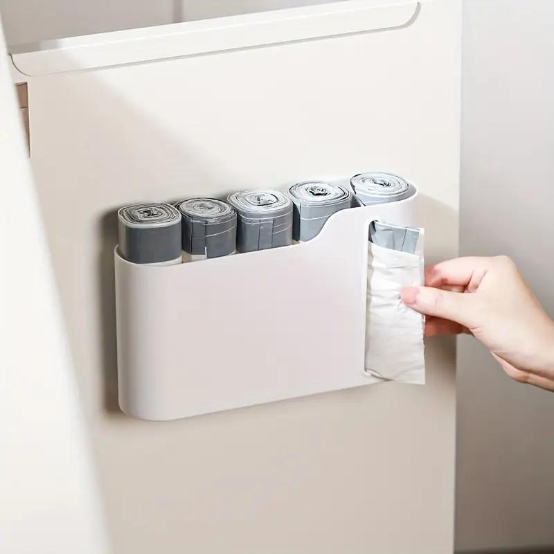 [1pc No-Drill Dispenser] 1pc No-Drill Wall-Mounted Garbage Bag Dispenser | Easy Access Plastic Bag Holder for Kitchen & Bathroom Storage, White, Dispenser Bin