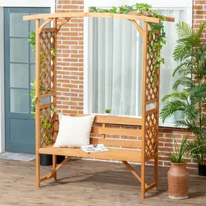 Outdoor fir wood patio bench with side trellis pergola frame for grape vines ivy climbing plant growth